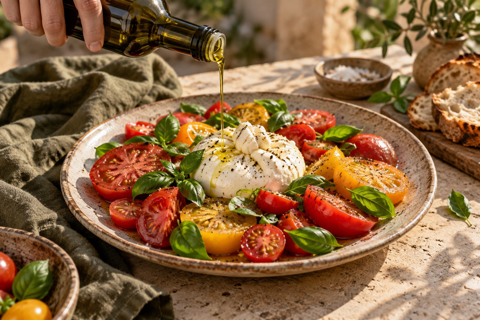 Olive oil being drizzled over tomatoes, basil and burrata